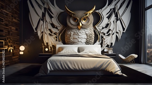 luxury and futuristic bedroom design with realistic owl wall decoration photo