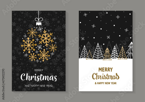Christmas cards with golden tree and snowflake. Set. Vector illustration