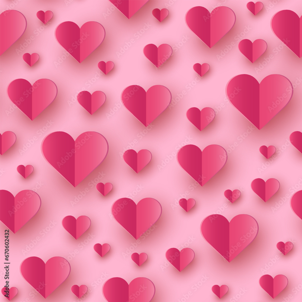 Flying paper hearts on pink background. Seamless pattern with symbols of love for Valentine’s Day, Mother’s Day and Women’s Day. Vector illustration