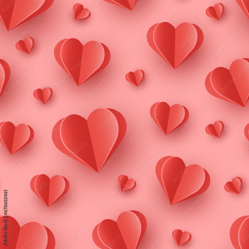 Floating hearts on pink background. Seamless pattern with paper cut decorations. Design for Valentine’s Day. Vector illustration