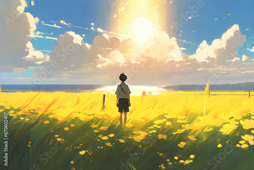 A boy looking at the sunset sky