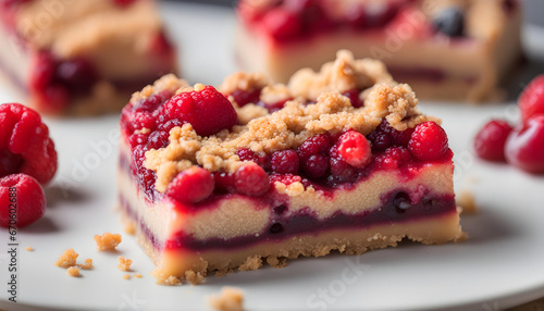 A single cranberry crumble bar in the white plate.