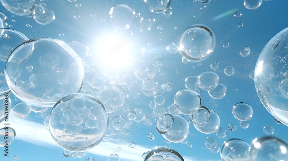  Bubbles Bubbles ,Bright Blue Abstract Texture With Soap Foam Pattern On blue sky with sun rays ,AI Generative 
