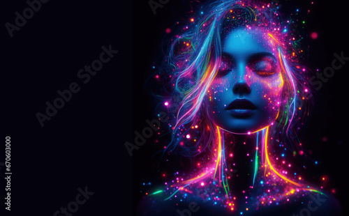 Beautiful portrait Colorful Futuristic girl Glowing Abstract Neon Lights.Vibrant digital neon lights on a dark backdrop.