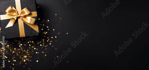 Christmas black gift box with a gold ribbon, golden glittering, or sparkles on a black background copy space for text © graphicbeezstock