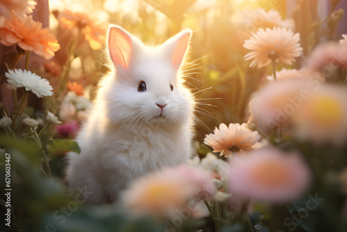 A Fluffy Bunny Amid Blossoms with a Dreamlike Floral Background