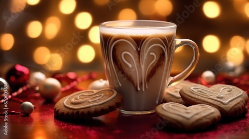 Cup of coffee with heart shaped cookies on bokeh background. Christmas Concept With Copy Space