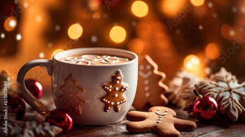 Cup of hot chocolate with christmas cookies on bokeh background. Christmas Concept With Copy Space