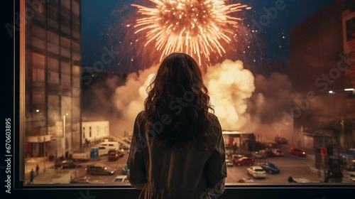An AI illustration of a woman watching a fireworks show from an apartment window as it burns