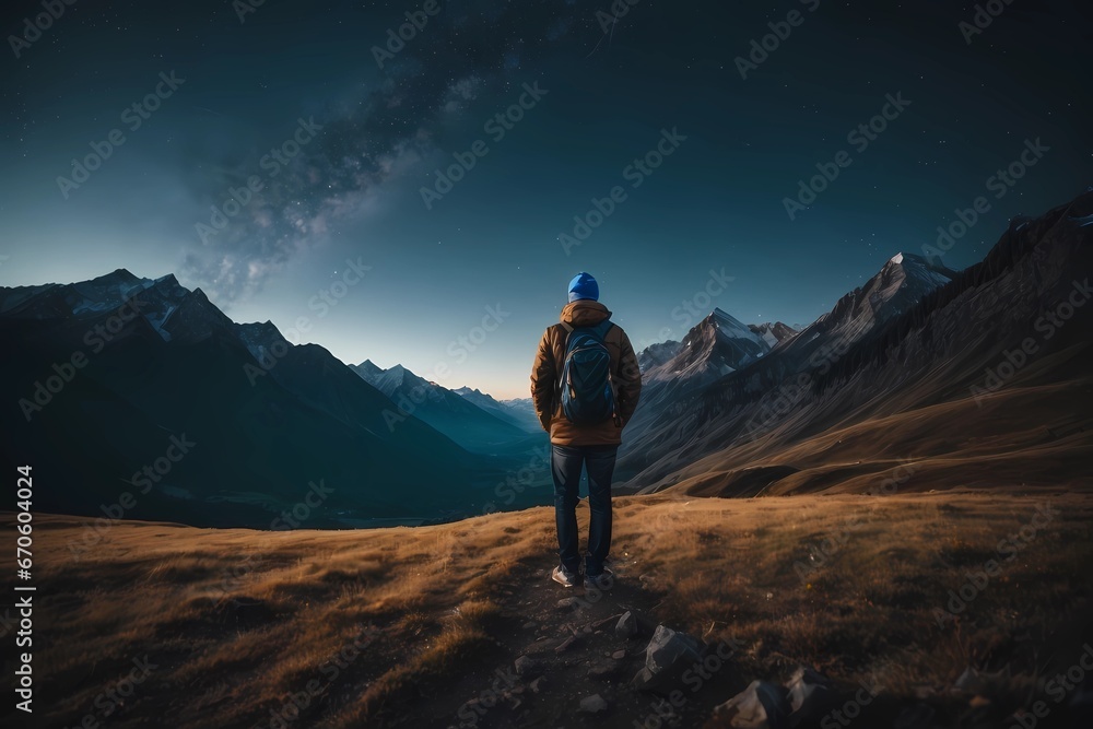 Back view of tourist standing on background of mountains and sky with glowing stars in night time.
Nature landscape, Mountains, a man looking away into the mountains on a starry night