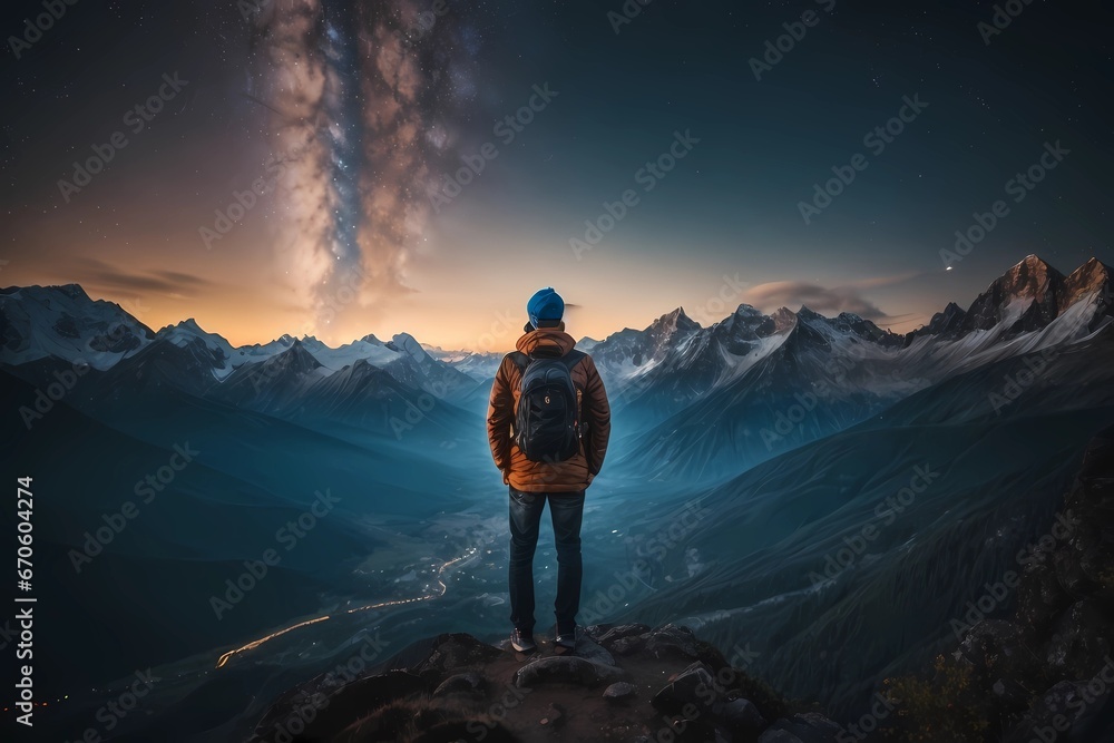 Back view of tourist standing on background of mountains and sky with glowing stars in night time.
Nature landscape, Mountains, a man looking away into the mountains on a starry night - obrazy, fototapety, plakaty 