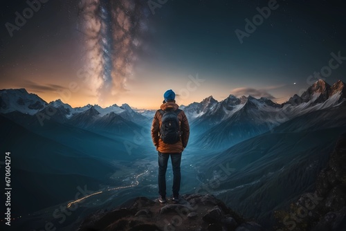 Back view of tourist standing on background of mountains and sky with glowing stars in night time. Nature landscape, Mountains, a man looking away into the mountains on a starry night
