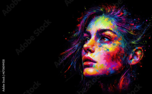 Vibrant Painted Portrait of a Young Beautiful Woman On Black Background.Watercolor  Oil painting  face paint