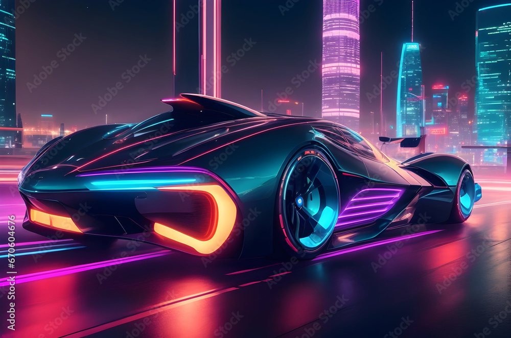 car on the road A sleek, futuristic car with a metallic finish, zooming through a neon-lit citys cape at night.