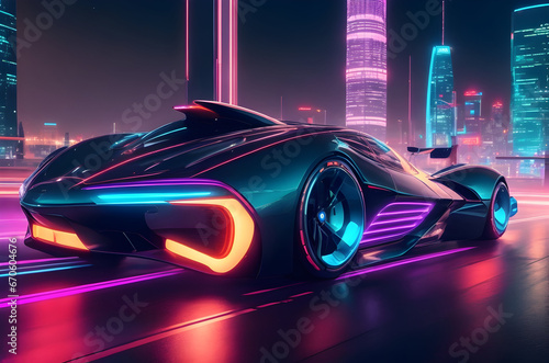car on the road A sleek, futuristic car with a metallic finish, zooming through a neon-lit citys cape at night. © Sk