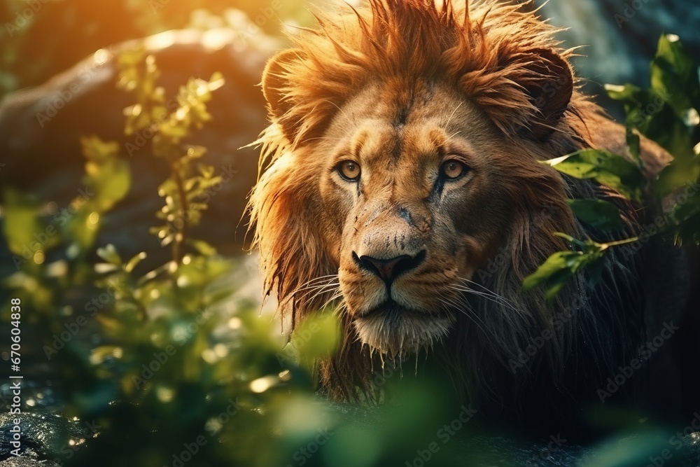 Wild lion king with bright yellow eyes stalking over the green leaves