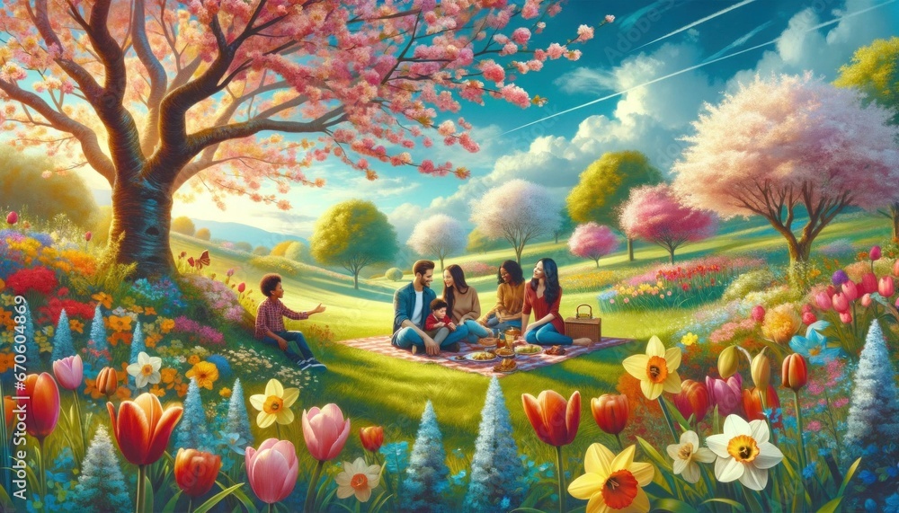 Scenic Spring Landscape with Diverse Group Enjoying Picnic Under Blooming Cherry Blossoms