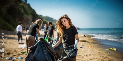 A young woman, accompanied by a group of volunteers and activists, diligently picking up trash on the beach, concept of Environmental conservation