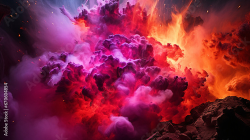 Magical volcanic eruption is the expulsion of colourfull mist gases, holi indian powder, beautiful rock.