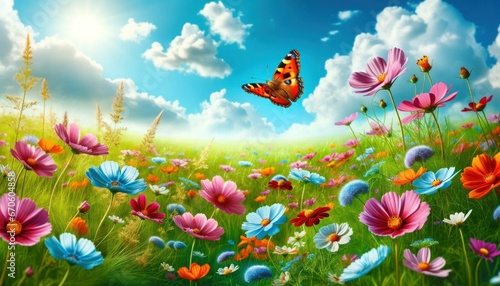 Lush Green Meadow with Vibrant Wildflowers, Clear Blue Sky, and Graceful Butterfly in Spring