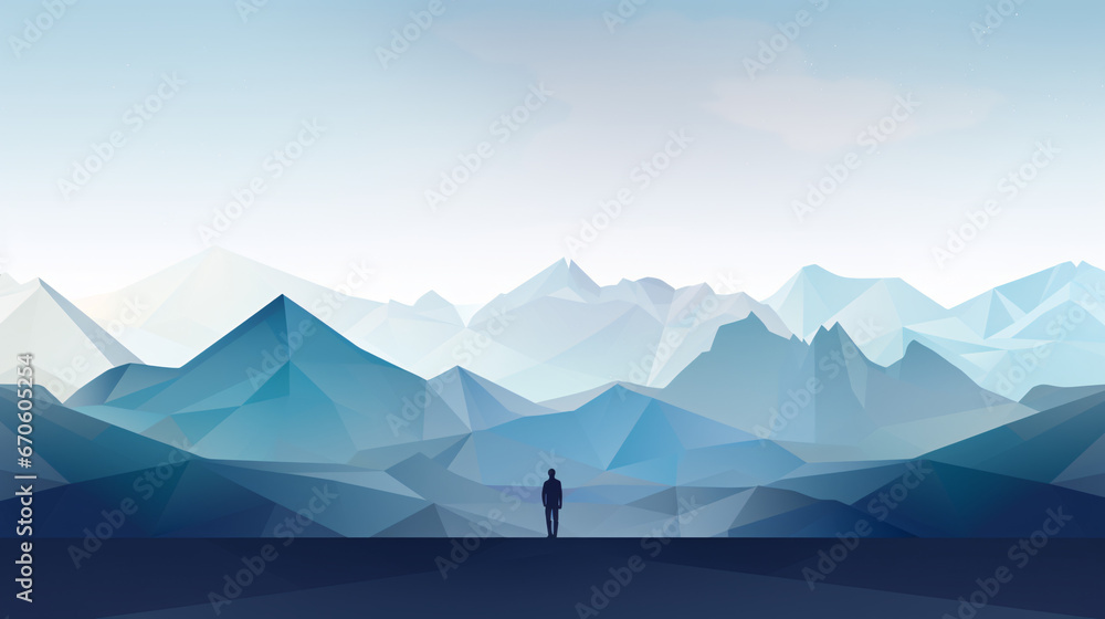 Minimalist Mountain Range with Hiker Silhouette in Gradient Sky, Inspiring Exploration and Growth for Men's Inspirational Backgrounds
