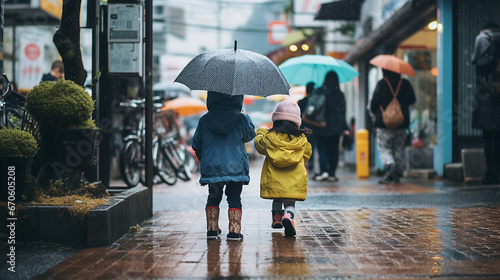 Two girls with umbrellas on a rainy day