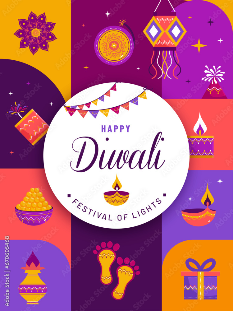 Happy Diwali creative modern geometric design style poster, banner, wallpaper and greeting card for Indian festival of lights.
