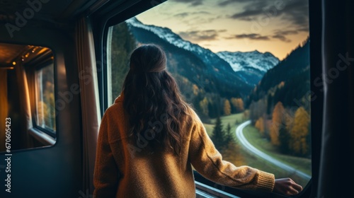 Travel blogger, female traveler Stand and look out the train window. Stunning views of the mountains