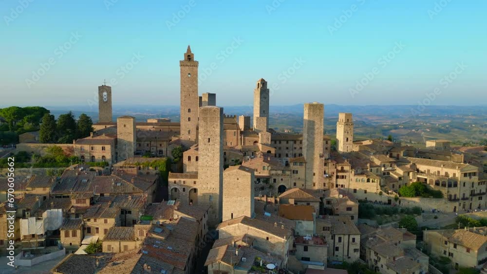 Best aerial top view flightdrone San Gimignano hill Town sunset Tuscany Italy Best aerial top view flightdrone San Gimignano hill Town sunset Tuscany Italy