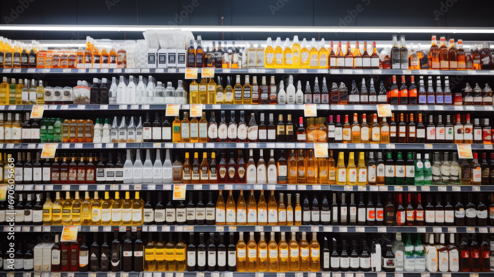 Rows of wine bottles on shelf in supermarket - obrazy, fototapety, plakaty 