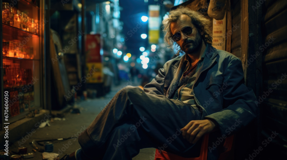 Old drug dealer or gang member in the night street