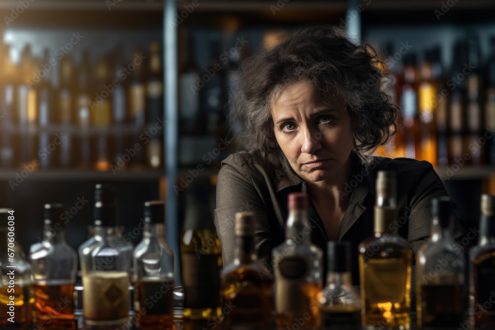 Middle aged alcoholic woman drinking in bar Middle aged alcoholic woman drinking in bar