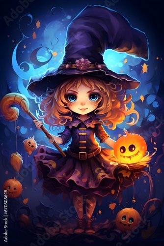 cute girl as Halloween witch cartoon character design illustration