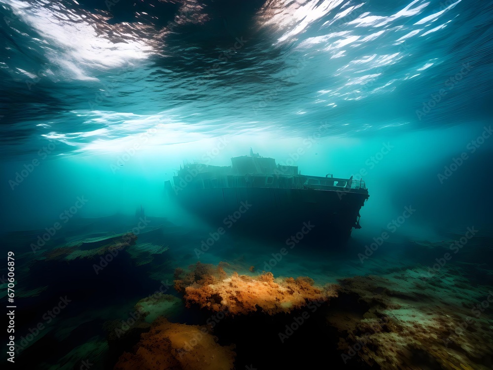 Fototapeta premium Missing Sunken ship under water at the bottom of the ocean, sea