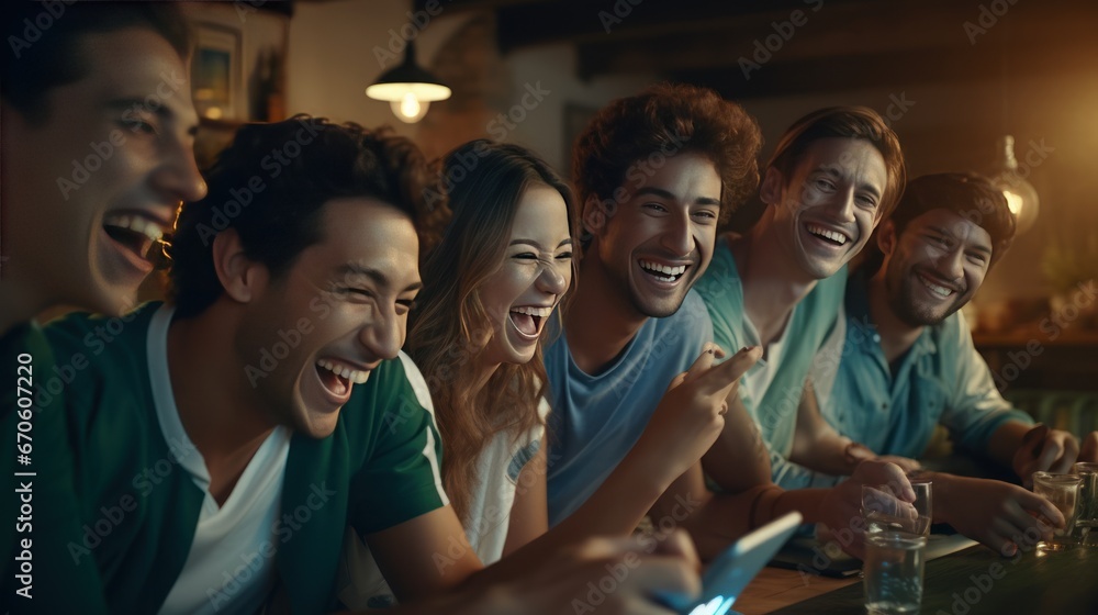 Fototapeta premium Group of friends having fun in the living room Watch smart lane football games on your mobile phone.