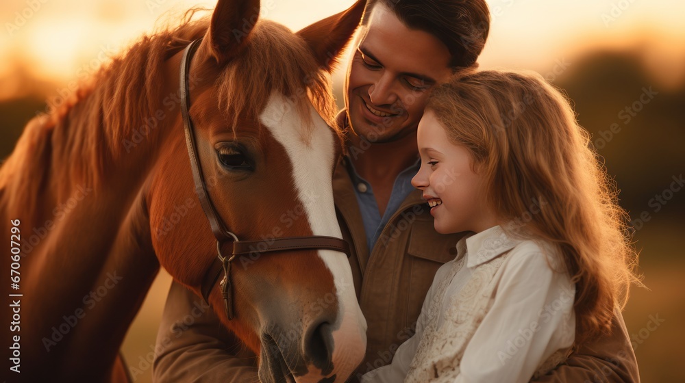 Obraz premium Happy father, mother and child hugging a horse outside on a ranch. at sunset Soft focus telephoto lens natural lighting
