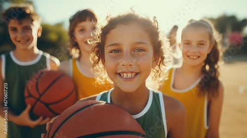 Group of cute kids playing basketball and looking at the camera at the sports field on a sunny day. Summer Camp