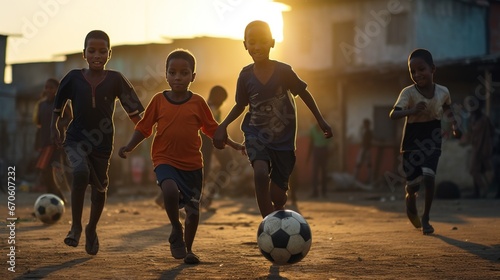 A group of children in a poor slum Touch the ball on the soccer field in the slum village.
