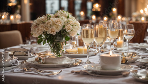 Champagne glasses, plate, flowers, candles