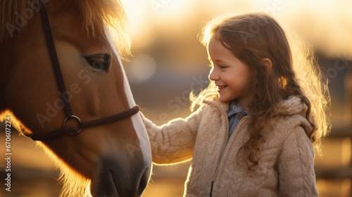 Happy child caressing horse outside on farm at sunset © somchai20162516