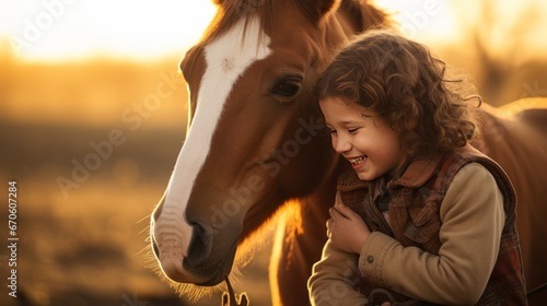 Happy child caressing horse outside on farm at sunset