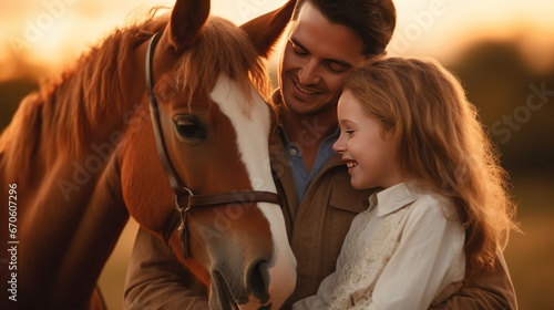 Happy father, mother and child hugging a horse outside on a ranch. at sunset Soft focus telephoto lens natural lighting