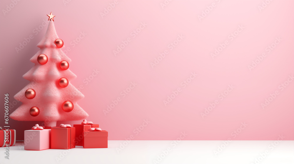 Mikołajki - prezenty pod choinkę na gwiazdkę - różowe tło na życzenia na święta Bożego Narodzenia. Xmas. Wesołych Świąt.  - obrazy, fototapety, plakaty 