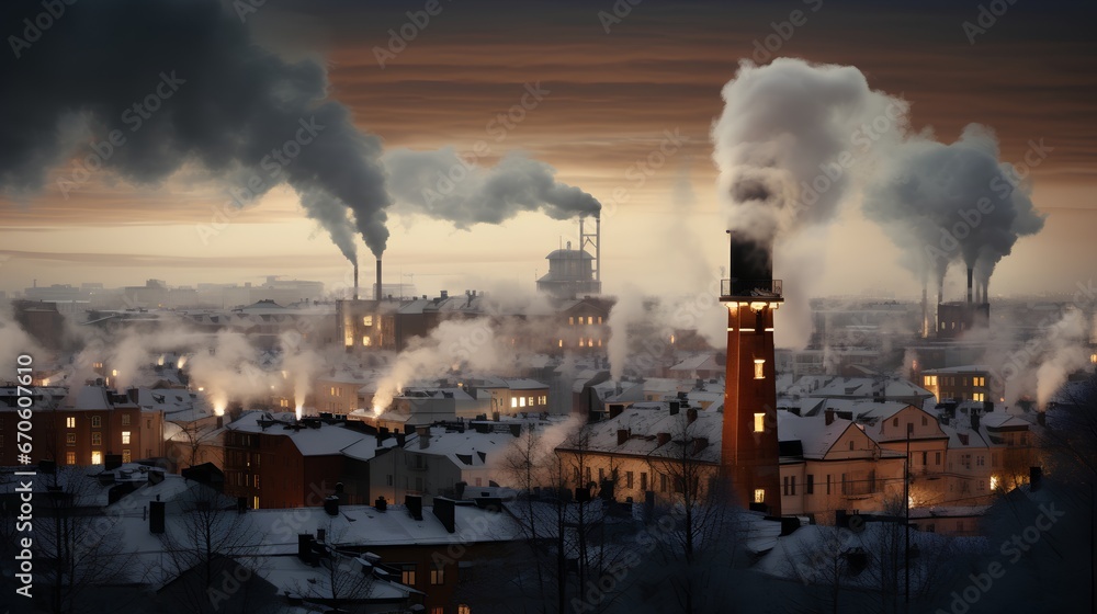Winter heating season air pollution from burning. City central heating station CO2 or carbon