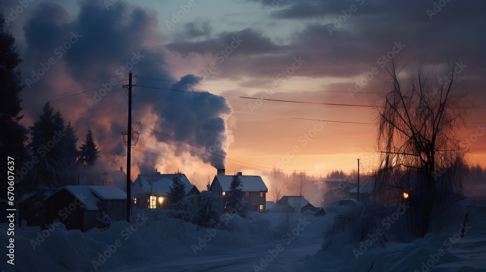 Heating season air pollution from burning wood, coal or fossil. CO2 smokes from residential