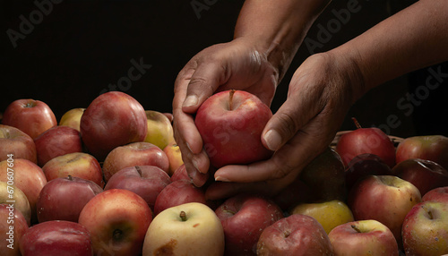 Apples in basket being picked by hands