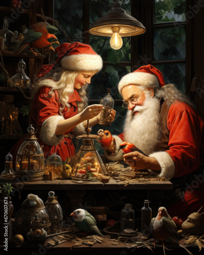 Holiday, Santa in his workshop making toys. Christmas theme, holiday card