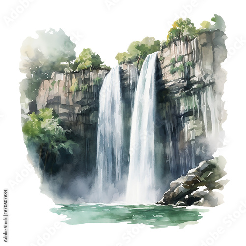 High double waterfall in spring png isolated on a transparent background, watercolor clipart illustration 