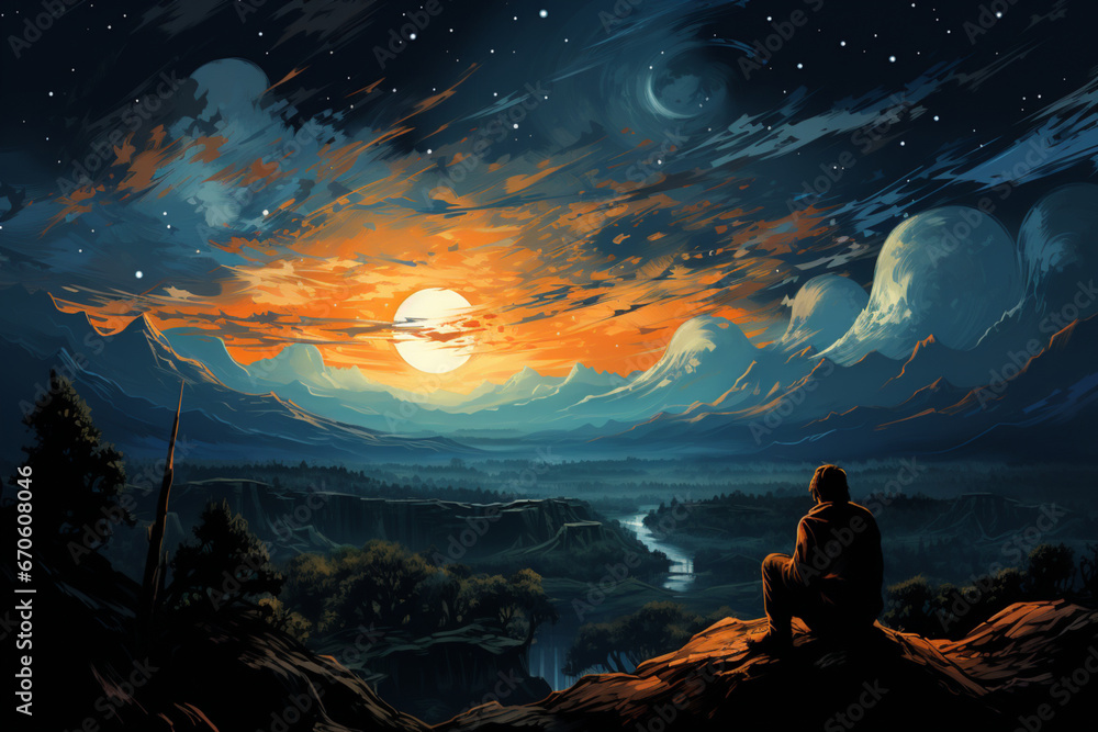 Astronomer Stargazing in Dark-Sky Reserve Silhouette - Generative AI Astronomer Stargazing in Dark-Sky Reserve Silhouette - Generative AI