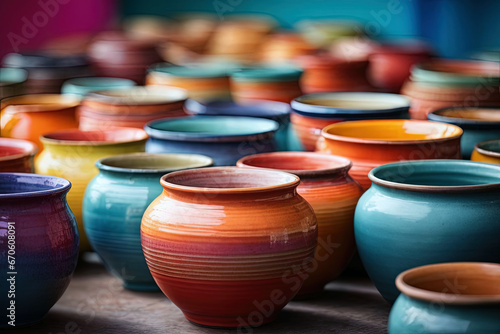 Beautiful colorful traditional ceramic crafted decoration items in the handicraft market.	

